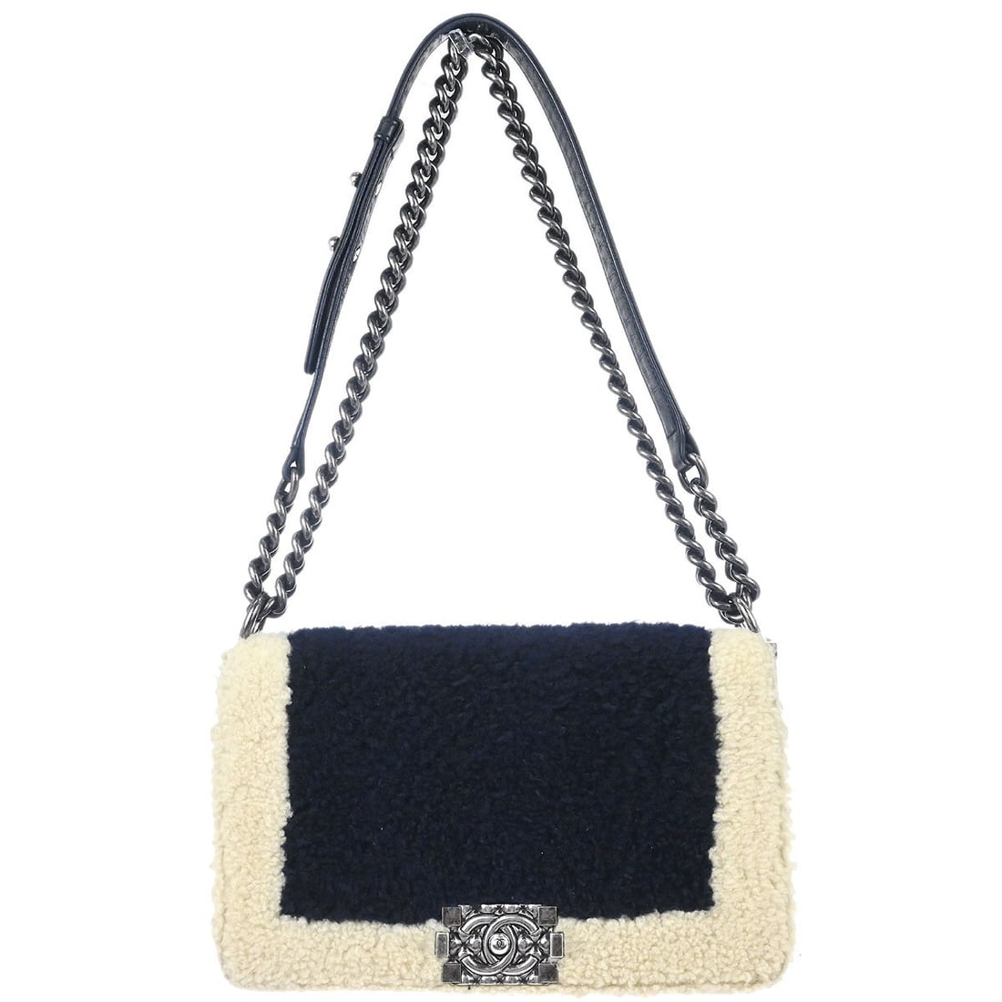 CHANEL Boy navy shearling medium shoulder bag chain strap (1 of 16)