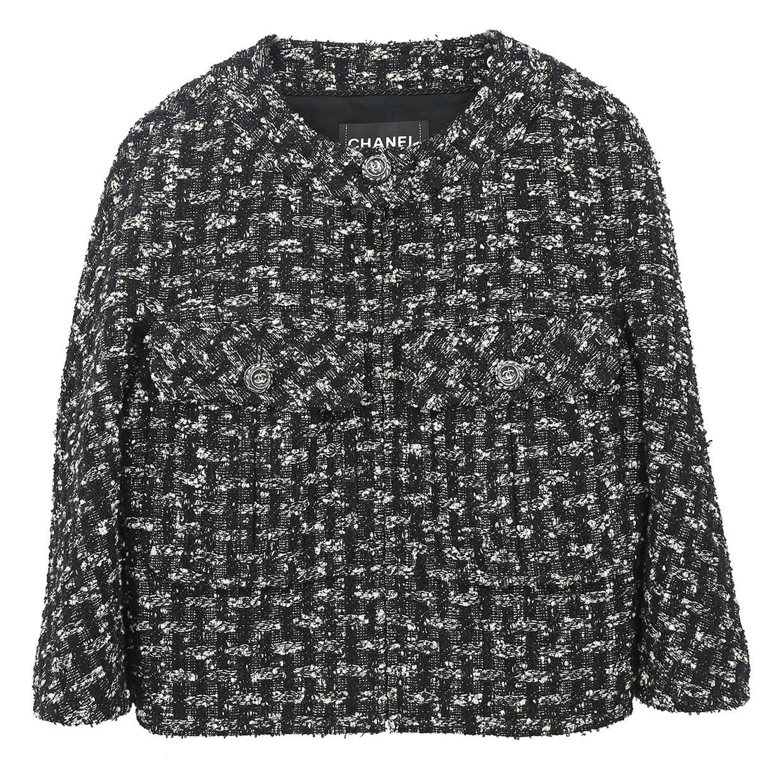 CHANEL black tweed zip jacket FR 34 logo pockets (1 of 15)