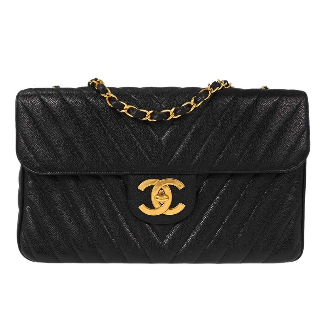 CHANEL Classic Flap Black Calfskin Quilted Shoulder Bag: CHANEL Classic Flap Black Calfskin Quilted Shoulder Bag This Chanel Maxi Classic Shoulder Bag features black chevron-quilted calfskin leather with a matelasse pattern, highlighted by a turn lock closu