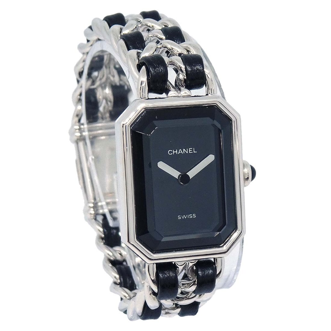 Chanel Premiere Swiss Made Quartz Black Silver Ladies Watch: Chanel Premiere Swiss Made Quartz Black Silver Ladies Watch This Chanel Premiere wristwatch features a sophisticated blend of black and silver tones with a classic rectangular case. Designed for women