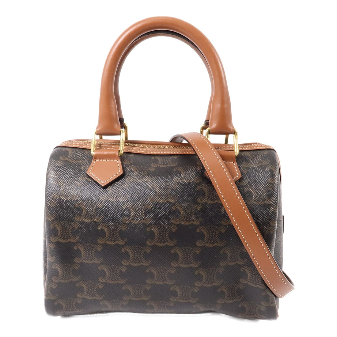 CELINE Triomphe Mini Boston 2 Way Shoulder Bag Brown Coated Canvas: CELINE Triomphe Mini Boston 2 Way Shoulder Bag Brown Coated Canvas This CELINE Mini Boston 2-way shoulder bag features the iconic Triomphe design and gold-tone hardware. Crafted from brown PVC coated 