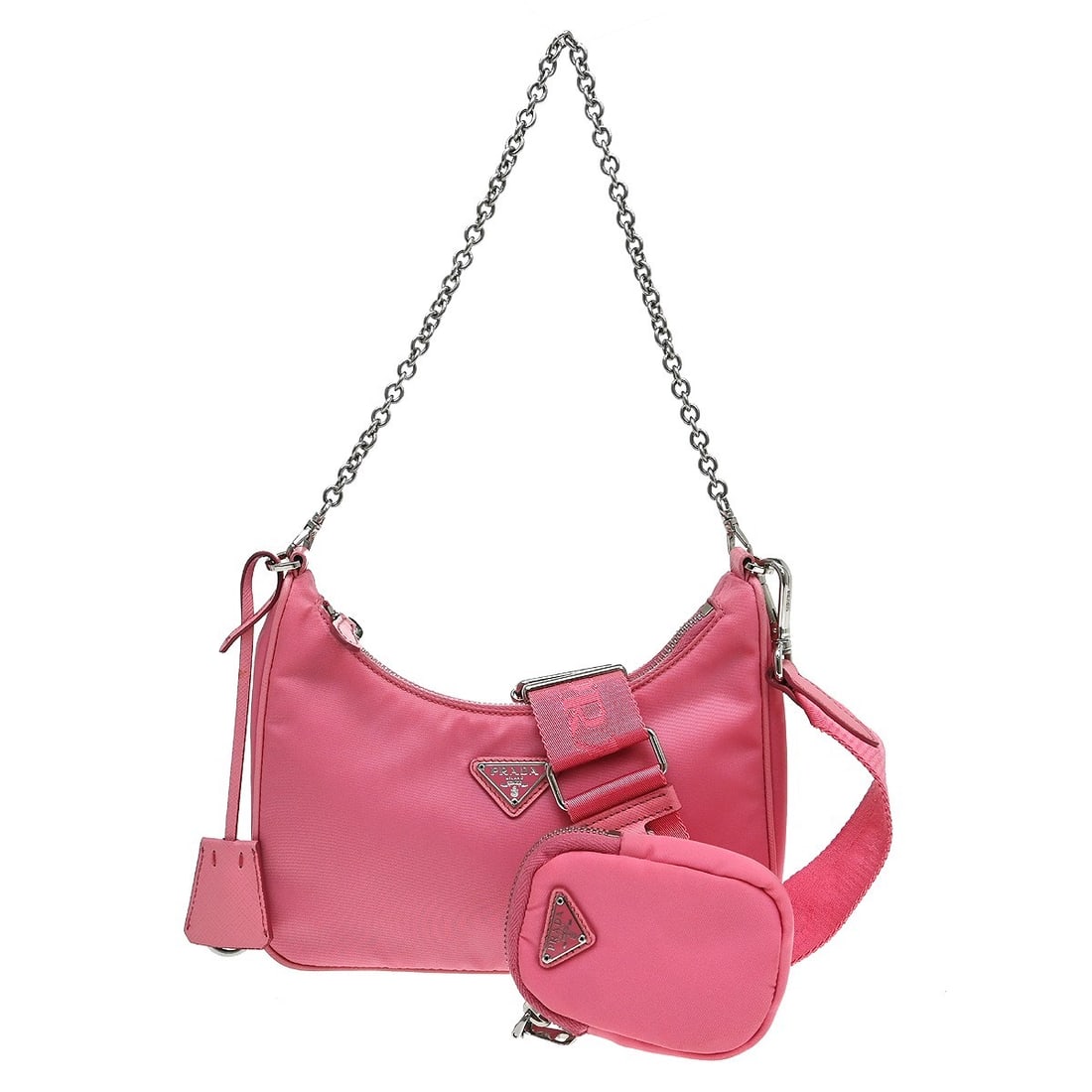Prada Pink Nylon Medium Shoulder Bag Italy: Prada Pink Nylon Medium Shoulder Bag Italy This Prada shoulder bag features a stylish pink exterior crafted from a blend of leather and nylon. Designed for women, it offers a medium size with a practi