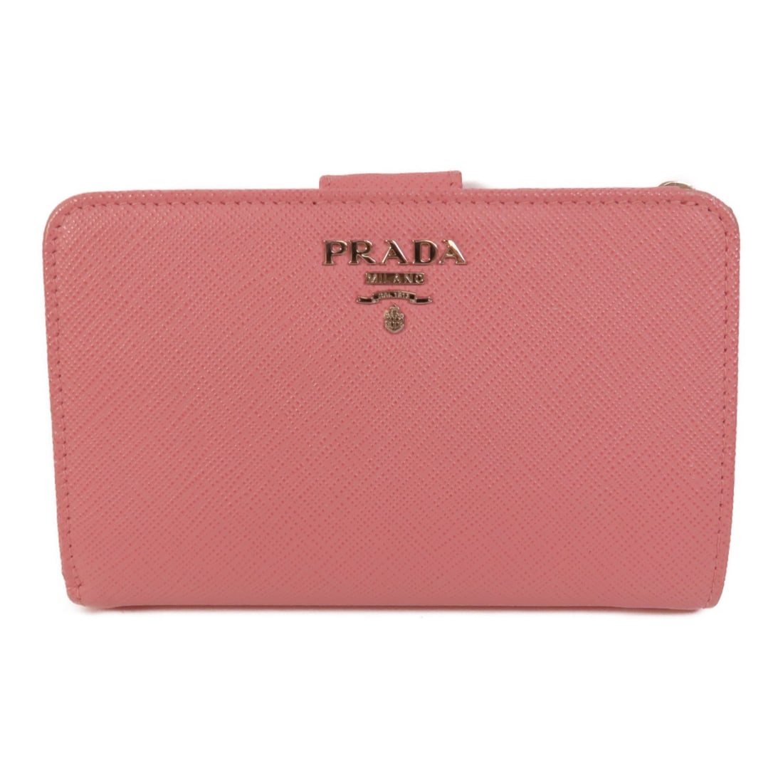 Prada pink calfskin L-shaped zipper wallet bi-fold: Prada pink calfskin L-shaped zipper wallet bi-fold This Prada L-shaped bi-fold wallet is crafted from pink calfskin leather, offering a stylish and functional accessory for women. Made in Italy, it fe