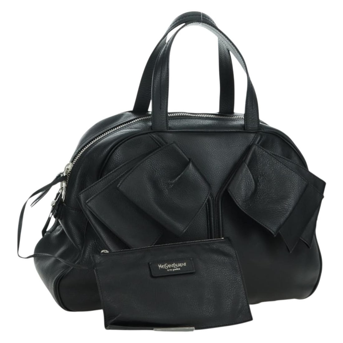 Saint Laurent Black Leather Handbag with Silver Accents and Pouch: Saint Laurent Black Leather Handbag with Silver Accents and Pouch This Saint Laurent handbag is crafted from black leather with silver accents, offering a sophisticated and versatile style. Designed f