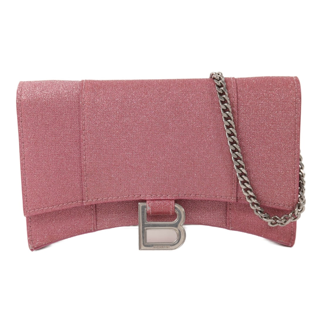 Balenciaga Hourless Pink Calfskin Mini Shoulder Bag with Chain: Balenciaga Hourless Pink Calfskin Mini Shoulder Bag with Chain This Balenciaga Hourless Mini Wallet Chain Shoulder Bag is crafted from pink calfskin leather. Designed for women, it features a compact 