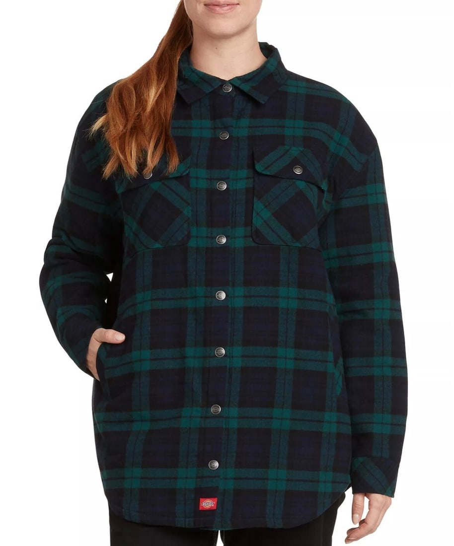Dickies Forest Green Plaid Snap-Front Jacket Womens S: Dickies Forest Green Plaid Snap-Front Jacket Womens S Elevate your casual attire with this Dickies Plaid Snap-Front Jacket in Forest Green. Designed in a relaxed fit, this jacket features a classic pl