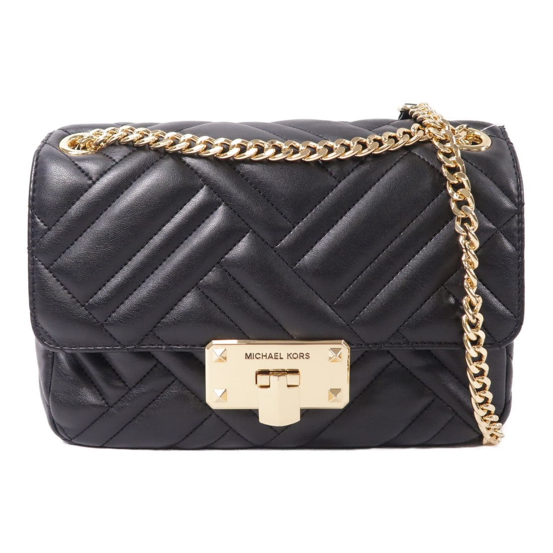 Michael Kors black calfskin chain shoulder bag GHW: Michael Kors black calfskin chain shoulder bag GHW This Michael Kors shoulder bag features a black calfskin leather exterior and gold-tone chain hardware. Designed for women, it offers a sophisticated