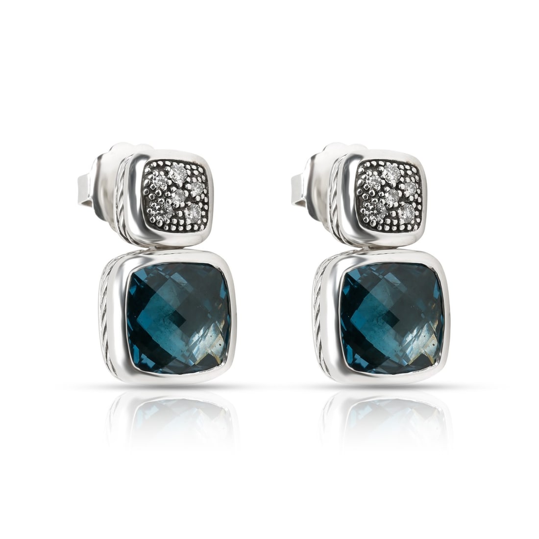 David Yurman Chiclet Sterling Silver Topaz Diamond Earrings: David Yurman Chiclet Sterling Silver Topaz Diamond Earrings These pre-owned David Yurman Chiclet earrings are crafted from sterling silver and feature round brilliant white topaz as the main stones, c