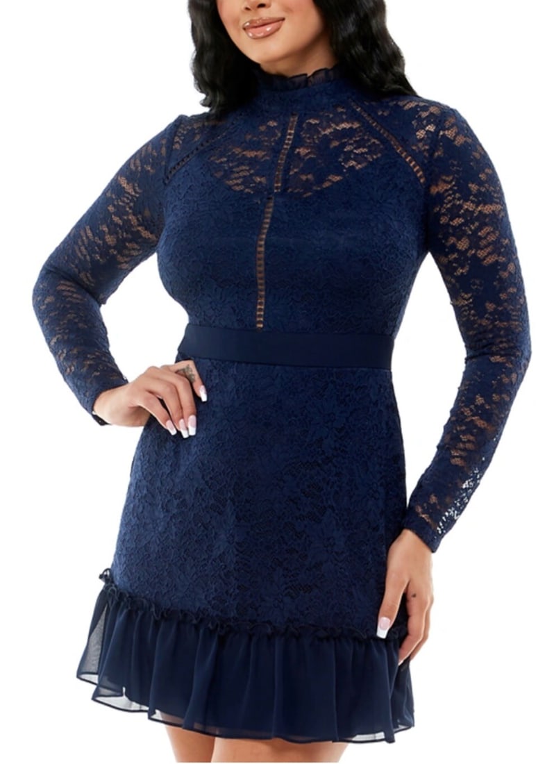 B Darlin Navy Lace Ruffle Fit & Flare Dress Size 4: B Darlin Navy Lace Ruffle Fit & Flare Dress Size 4 Elevate your wardrobe with this B. Darlin Juniors' Lace Ruffle Slim Dress in navy. Designed in a fit-and-flare silhouette, this dress features a chic