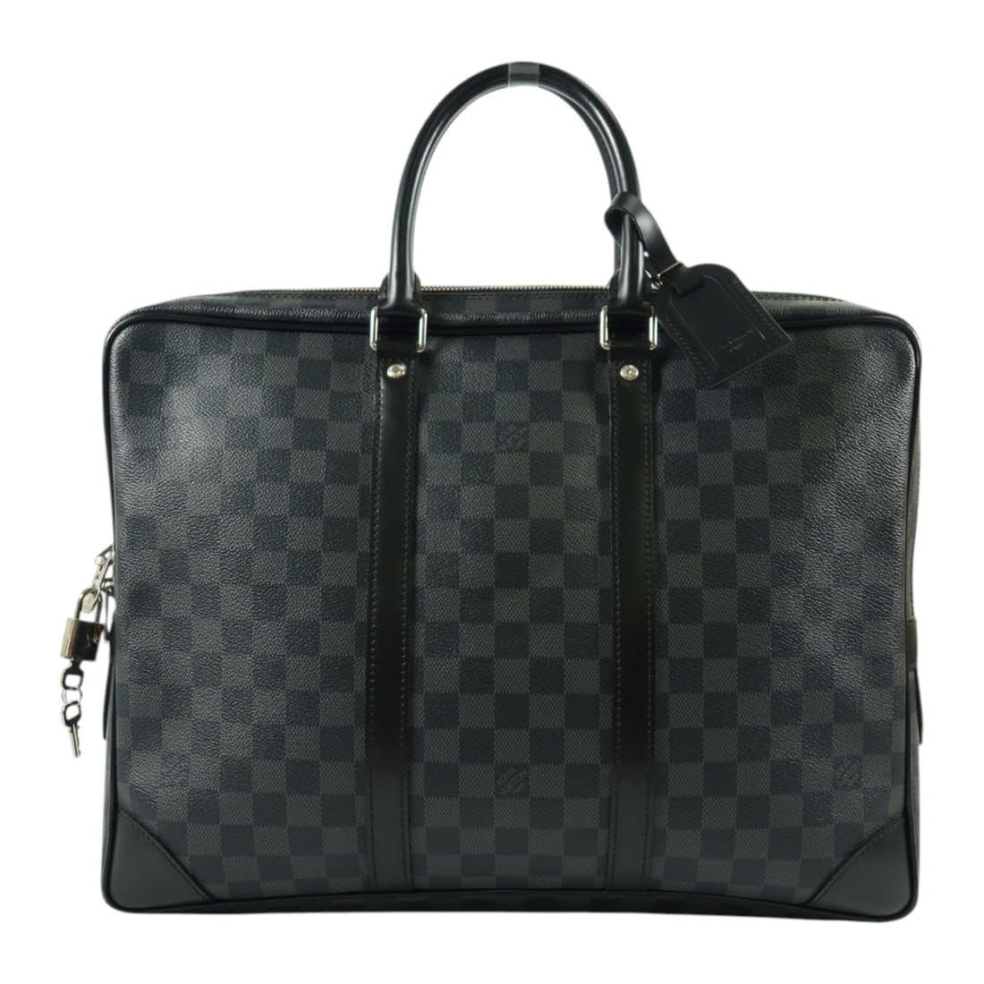 Louis Vuitton Damier Graphite black PVC coated canvas briefcase: Louis Vuitton Damier Graphite black PVC coated canvas briefcase This Louis Vuitton Porte-Documents Voyage briefcase features the iconic Damier Graphite pattern in black. Crafted from durable PVC coate