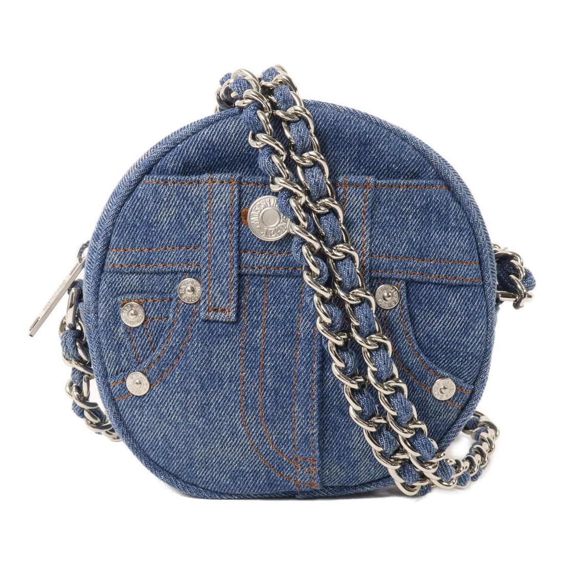 Moschino Denim Blue Chain Shoulder Bag: Moschino Denim Blue Chain Shoulder Bag This Moschino shoulder bag features a stylish denim exterior in blue, complemented by silver-tone hardware and a chain strap. Designed for women, it offers a com