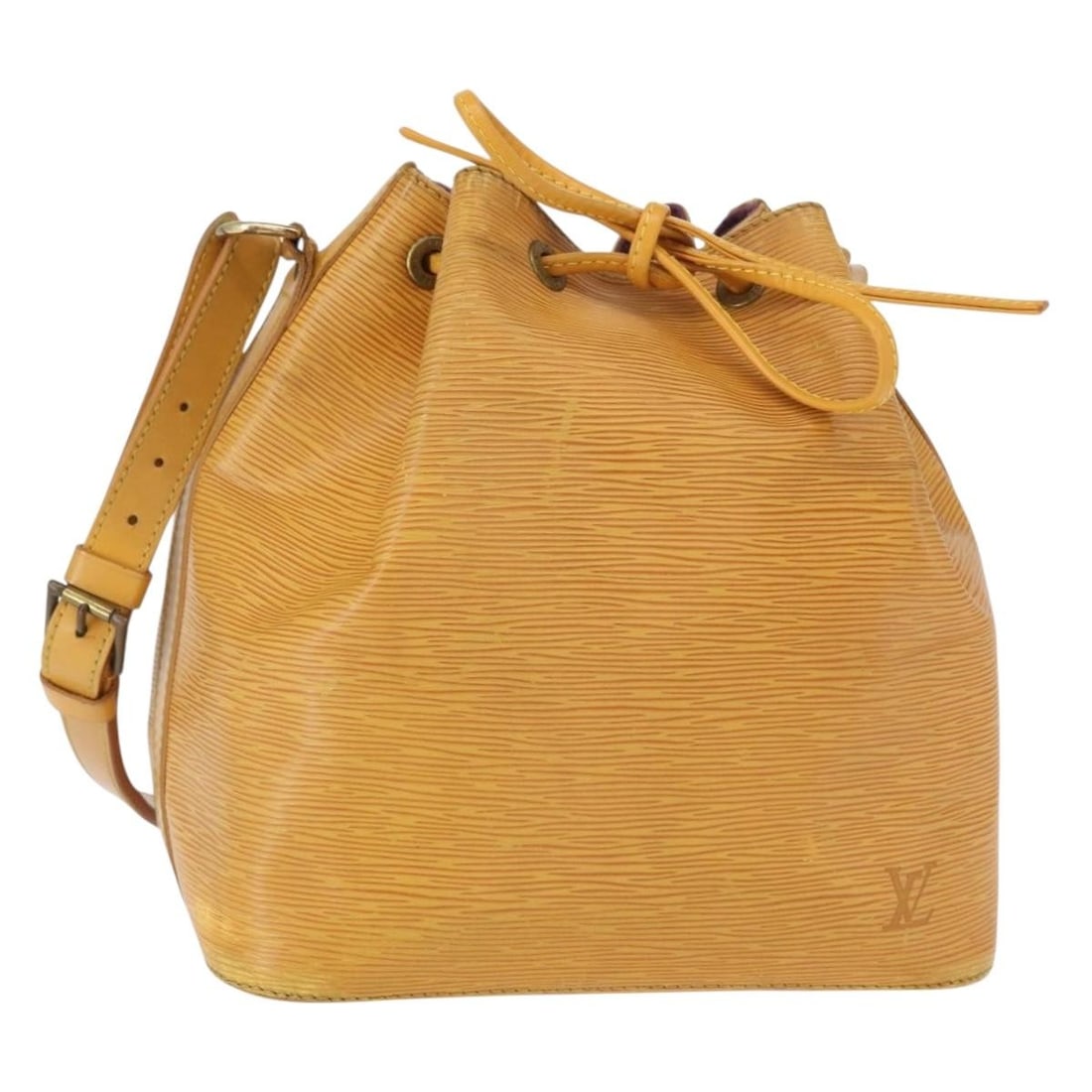 Yellow Epi Leather Petit Noe Shoulder Bag by Louis Vuitton: Yellow Epi Leather Petit Noe Shoulder Bag by Louis Vuitton This Louis Vuitton Petit Noe handbag features durable Epi leather in a striking yellow color. Designed for women, it is a pre-owned item that