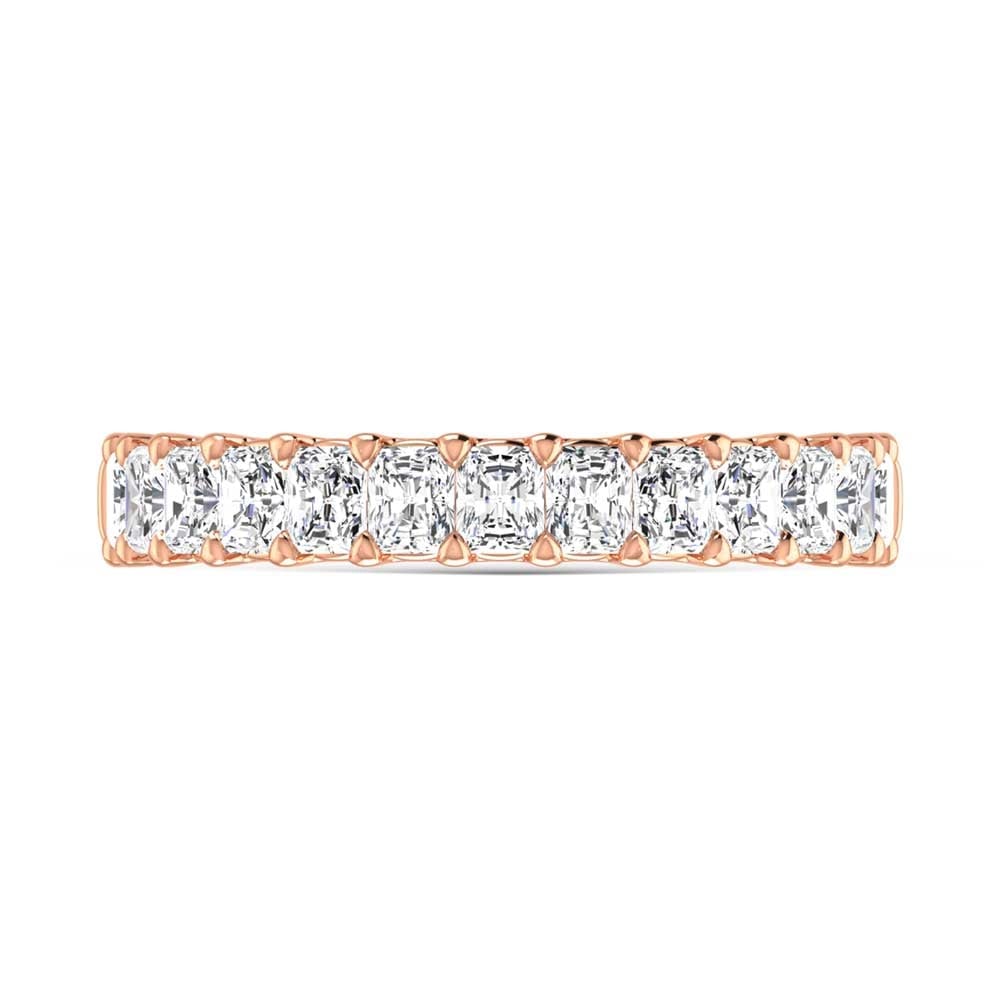 14K Rose Gold 2 1/5 Ct.Tw. Radiant Shape Lab Grown Diamond Half Way Eternity Band: 14K Rose Gold 2 1/5 Ct.Tw. Radiant Shape Lab Grown Diamond Half Way Eternity Band 14k Rose Gold Stone Color: F Stone Clarity: Vs Each ring is presented in standard size 6.5. Complimentary resizing is 