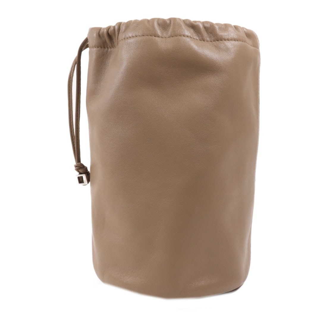 Hermes Etoupe Lambskin Bucket Pouch PHW Gray 8.5 in: Hermes Etoupe Lambskin Bucket Pouch PHW Gray 8.5 in This Hermes bucket bag pouch is crafted from Milo lambskin leather in an elegant gray tone. Designed for women, it features a compact silhouette wit