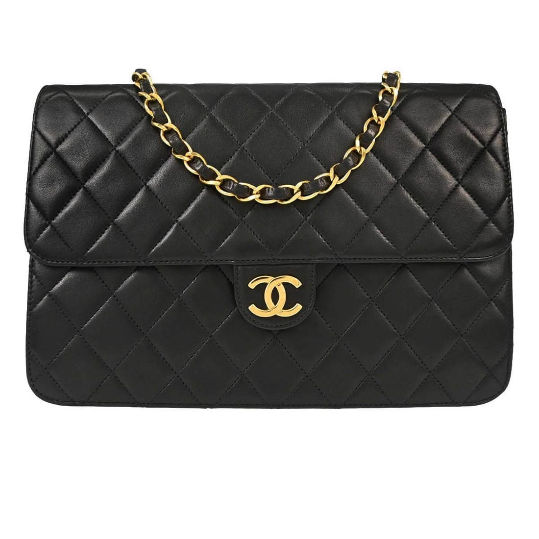 CHANEL Classic Flap Black Lambskin Medium Shoulder Bag: CHANEL Classic Flap Black Lambskin Medium Shoulder Bag This Chanel Black Lambskin Pushlock Medium Half Flap Shoulder Bag features a classic single flap design crafted from luxurious black lambskin lea