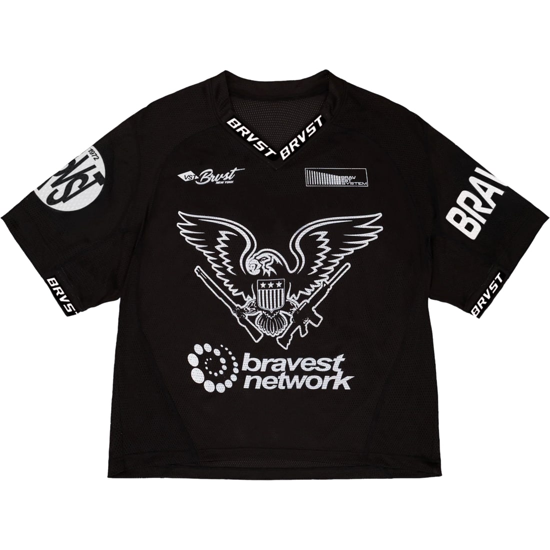 Eagle Graphic Black Mesh Jersey by Bravest Studios: Eagle Graphic Black Mesh Jersey by Bravest Studios The Bravest Studios Eagle Lacrosse Black Jersey features a bold eagle graphic on a clean black base, crafted from premium lightweight mesh for breath