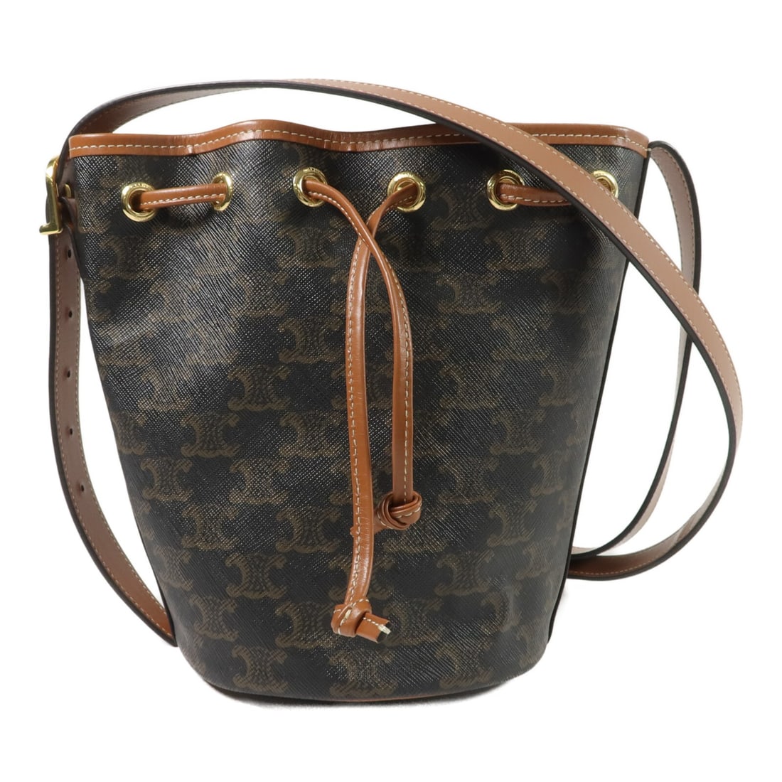 CELINE Small Brown Coated Canvas Drawstring Shoulder Bag GHW (1 of 14)