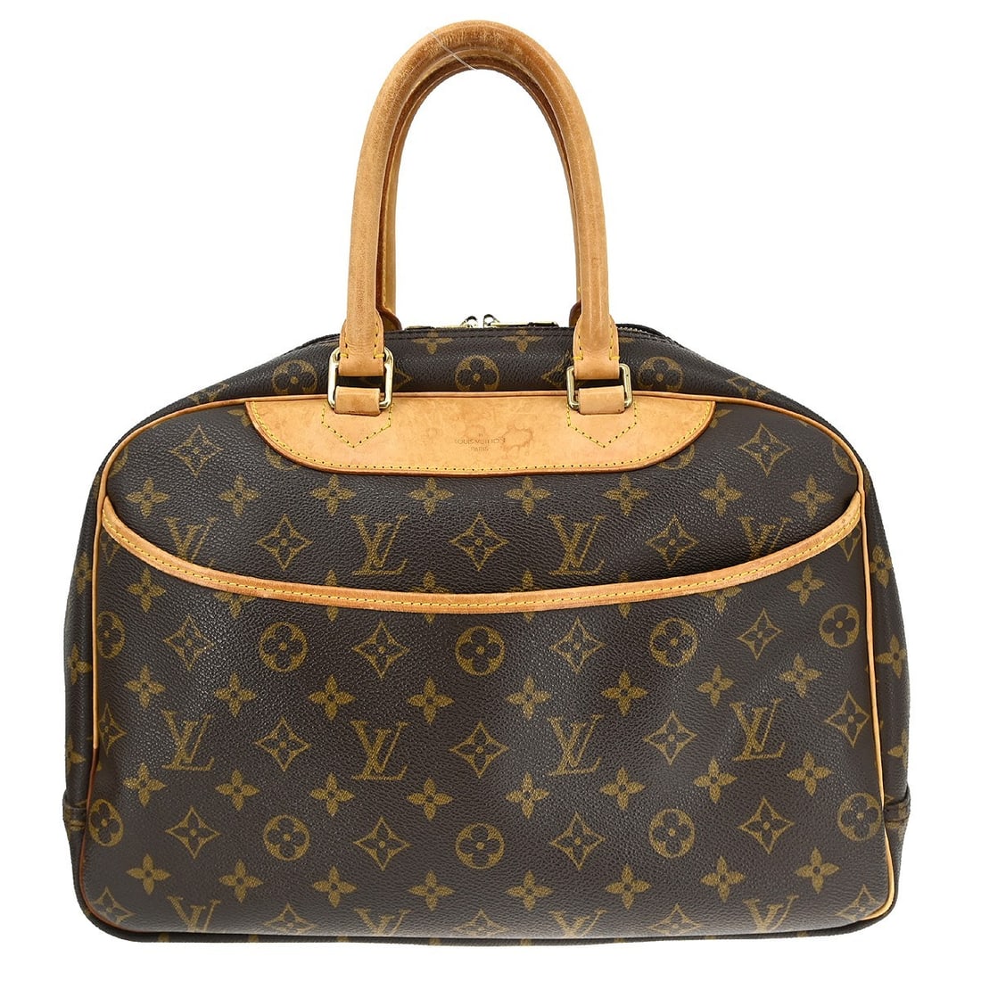 Louis Vuitton Deauville Bowling Vanity Monogram Canvas Handbag: Louis Vuitton Deauville Bowling Vanity Monogram Canvas Handbag This Louis Vuitton Deauville Bowling Handbag features the iconic Monogram Canvas Leather exterior with beige double handles and a zip clo