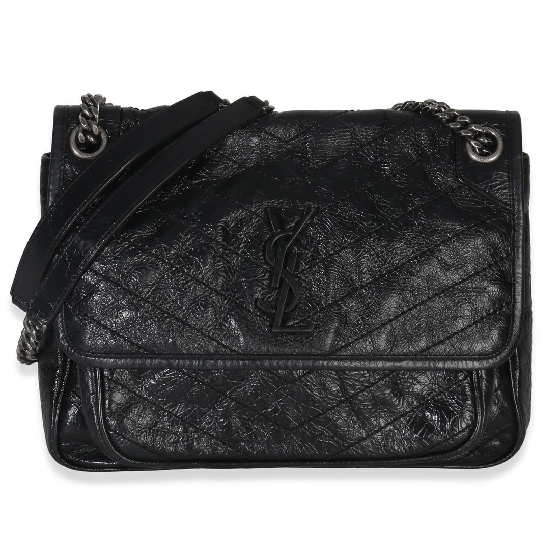 Saint Laurent Medium Niki Chain Satchel Black Leather: Saint Laurent Medium Niki Chain Satchel Black Leather This Saint Laurent Monogram Medium Niki Chain Satchel is crafted from black crinkled calfskin leather with a matelasse finish. The bag features a 