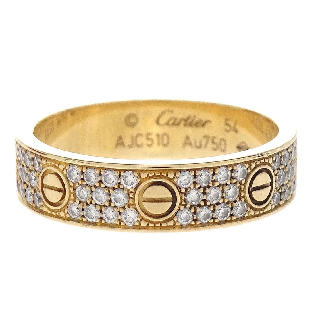 Cartier Love Mini Ring Au750 Diamond Pave Size 54: Cartier Love Mini Ring Au750 Diamond Pave Size 54 This Cartier Mini Love Full Pave Ring is crafted in Au750 yellow gold and features a round shape set with diamonds. The ring is a size 54 and is class