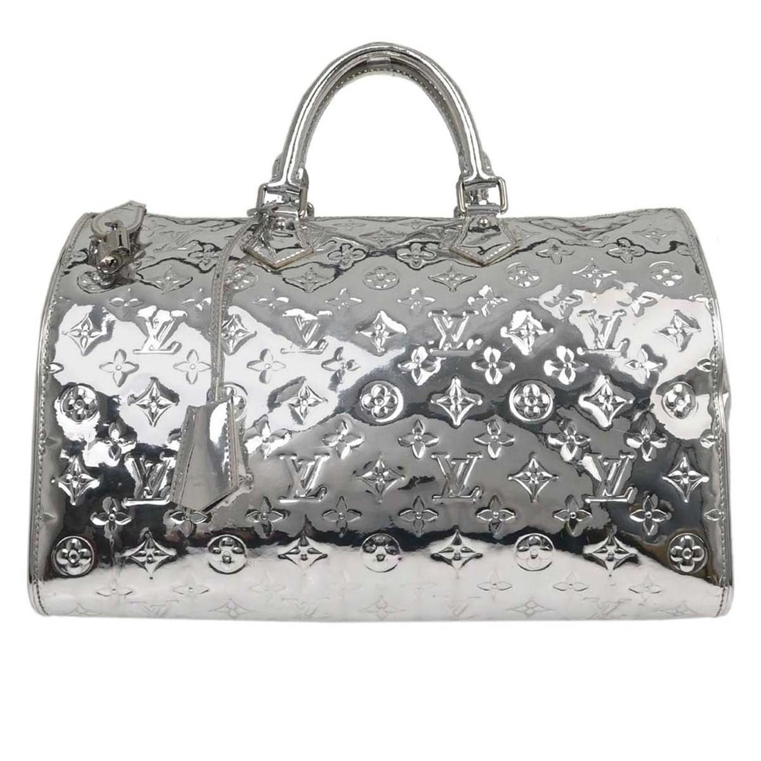Louis Vuitton Miroir Speedy 35 Silver Monogram Vinyl Large Handbag: Louis Vuitton Miroir Speedy 35 Silver Monogram Vinyl Large Handbag This Louis Vuitton Monogram Miroir Speedy 35 handbag features a striking silver mirror vinyl exterior with the iconic monogram patter