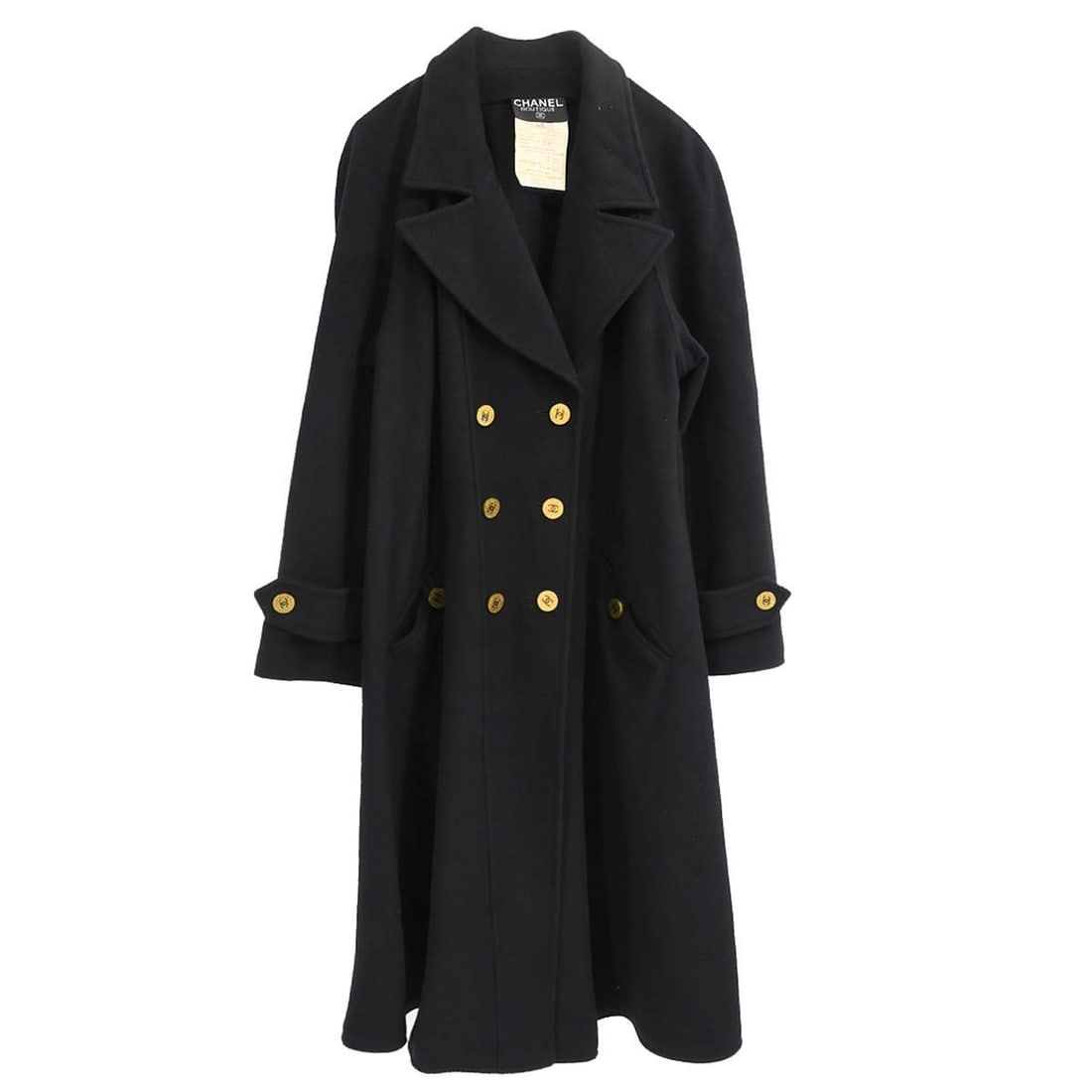 CHANEL black cashmere women s overcoat size 38: CHANEL black cashmere women s overcoat size 38 This long black overcoat from Chanel is crafted from 100% cashmere, offering a luxurious and soft feel. Designed for women, it features a button closure 