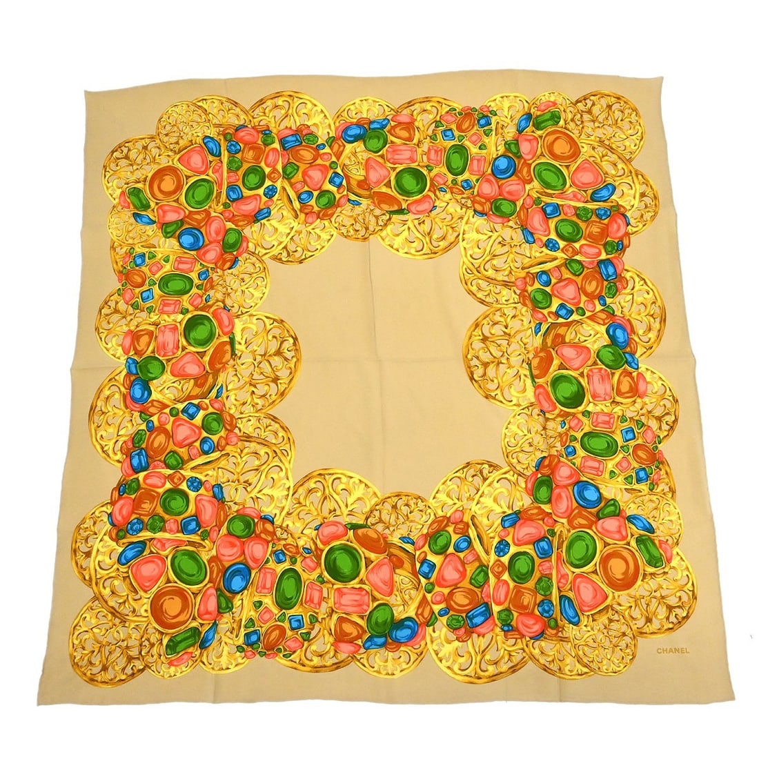 Beige Scarf by Chanel Small Size Italian Made: Beige Scarf by Chanel Small Size Italian Made This beige scarf features a classic style and is crafted in Italy, offering a timeless accessory from Chanel. The scarf is in very good, un-used condition