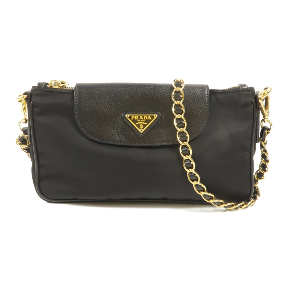 Prada GHW Nylon Black Chain Shoulder Bag BT0779: Prada GHW Nylon Black Chain Shoulder Bag BT0779 This Prada shoulder bag features a sleek black nylon exterior and is accented with a chain strap. Designed for women, it offers a compact silhouette ide