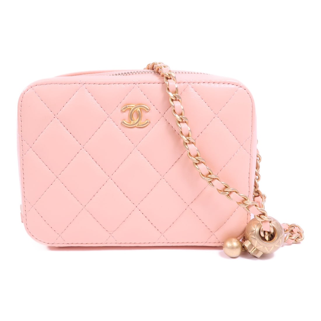Pink Lambskin CHANEL Camera Shoulder Bag with Gold Ball Chain: Pink Lambskin CHANEL Camera Shoulder Bag with Gold Ball Chain This Chanel CC Camera shoulder bag features a luxurious pink lambskin leather exterior and a gold-tone ball chain strap. Designed for wome