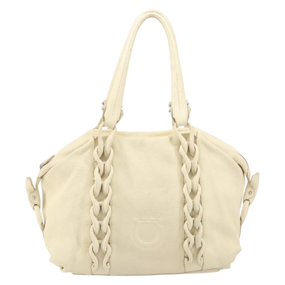 Gancini Tote Bag in Beige Leather by Salvatore Ferragamo: Gancini Tote Bag in Beige Leather by Salvatore Ferragamo This Salvatore Ferragamo Gancini Tote is crafted from beige leather and designed for women. The bag features the signature Gancini motif and of