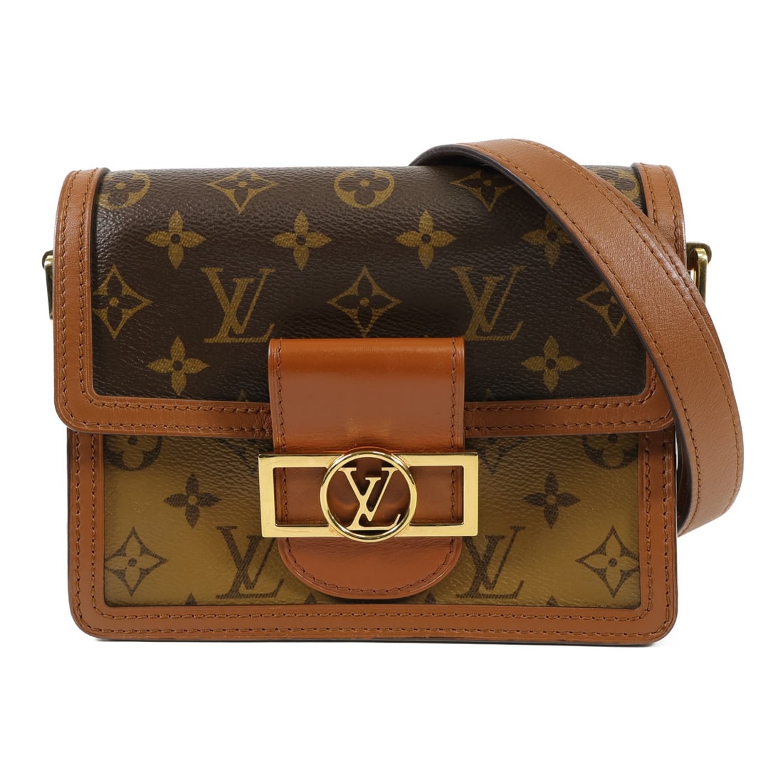 Louis Vuitton Mini Dauphine Brown Monogram Shoulder Bag M44580: Louis Vuitton Mini Dauphine Brown Monogram Shoulder Bag M44580 This Louis Vuitton Mini Dauphine shoulder bag features the iconic monogram design in brown PVC coated canvas. The bag is accented with go