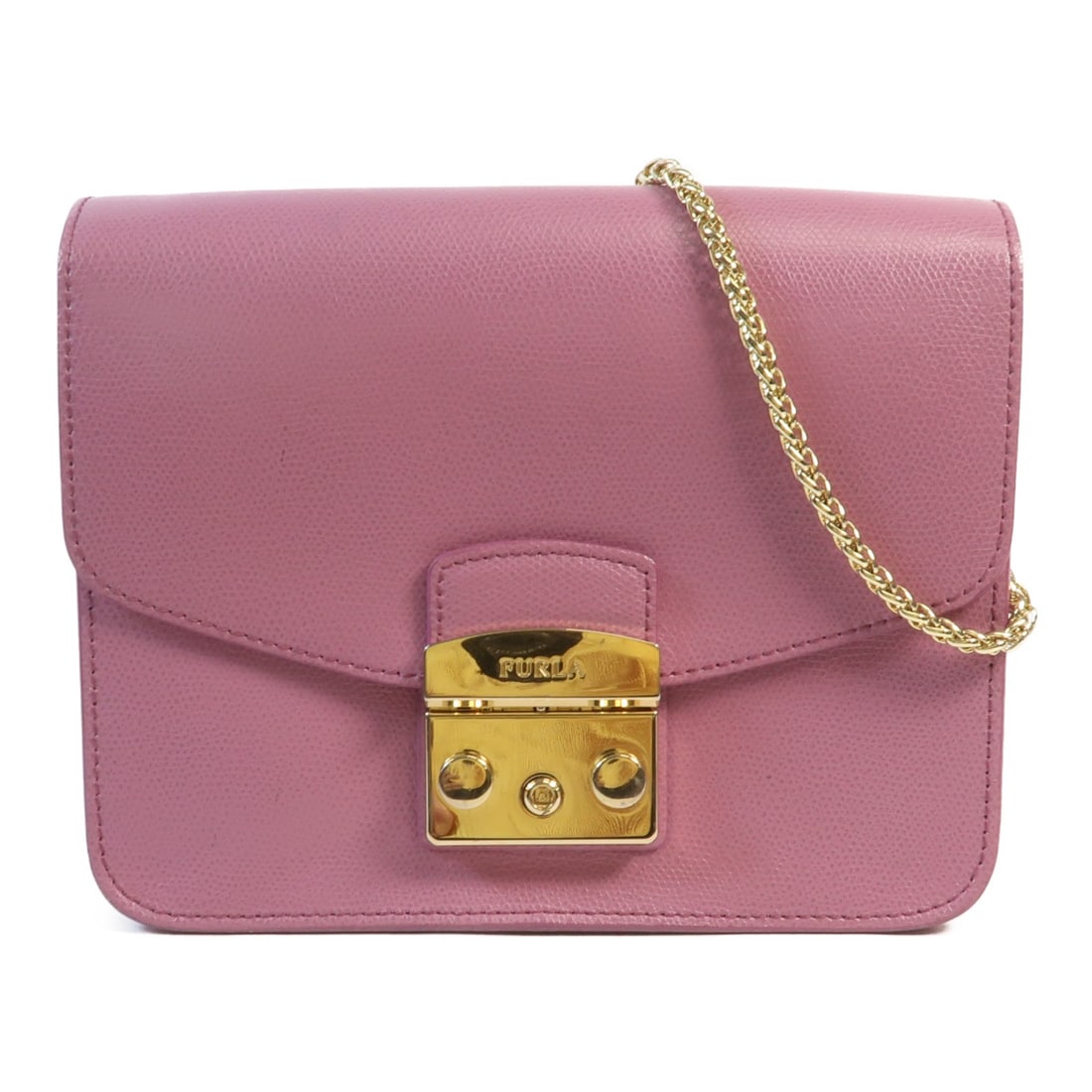 Furla Purple Calfskin Shoulder Bag GHW 6.5 x 3.3 x 7.9: Furla Purple Calfskin Shoulder Bag GHW 6.5 x 3.3 x 7.9 This Furla shoulder bag features a stylish purple calfskin leather exterior and a gold-tone chain strap. Designed for women, the bag offers a com