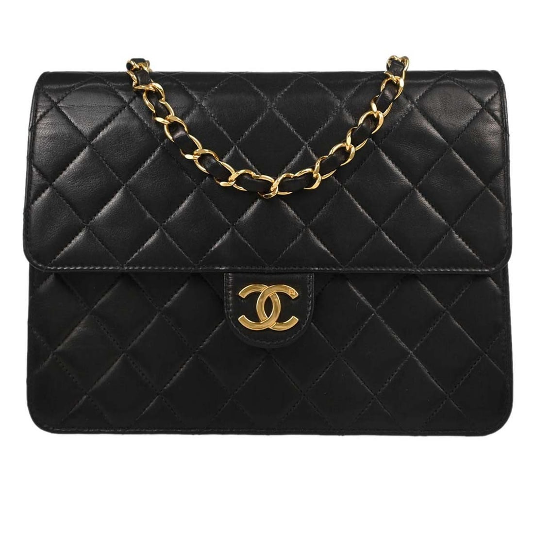 Chanel Classic Single Flap black lambskin shoulder bag: Chanel Classic Single Flap black lambskin shoulder bag This Chanel Classic Single Flap shoulder bag is crafted from black lambskin leather and features a gold-tone turn lock closure. Designed in a sma
