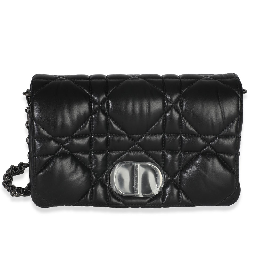 Mini Caro Crossbody in Black Leather with Macrocannage by Christian Dior: Mini Caro Crossbody in Black Leather with Macrocannage by Christian Dior This Christian Dior Mini Caro Bag features black puffy calfskin leather with a distinctive Macrocannage pattern. Designed for v