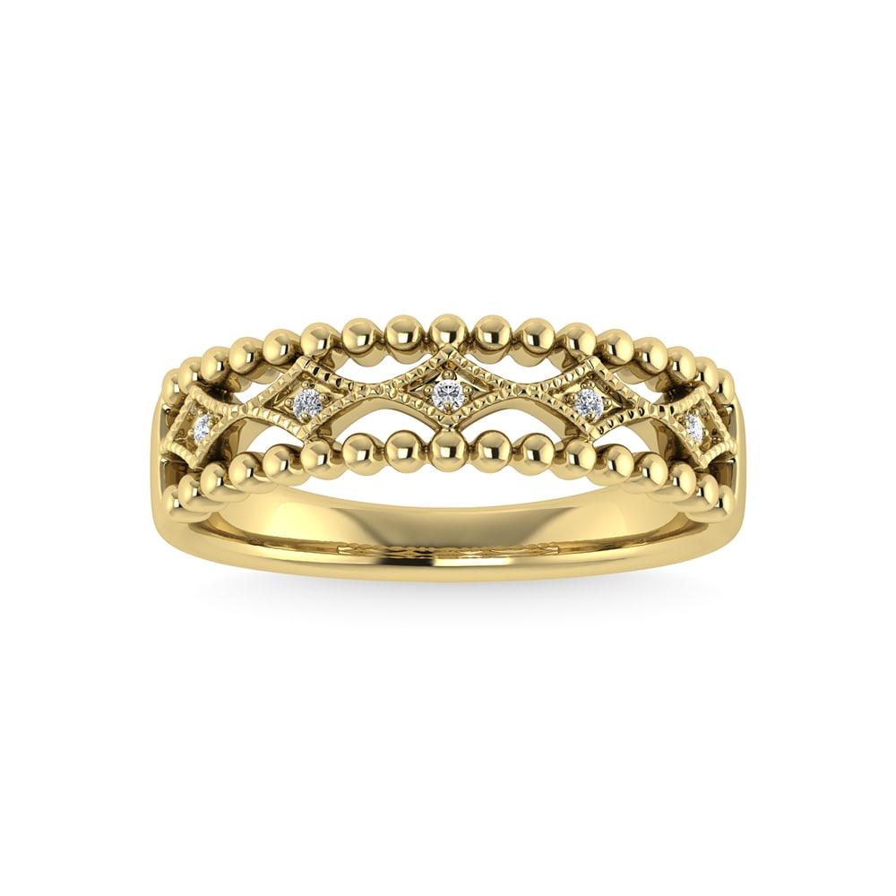 10K Yellow Gold Diamond 1/20 Ct.Tw. Fashion Band: 10K Yellow Gold Diamond 1/20 Ct.Tw. Fashion Band 10k Yellow Gold Stone Color: G-h Stone Clarity: I1 Each ring is presented in standard size 6.5. Complimentary resizing is available between sizes 510 (