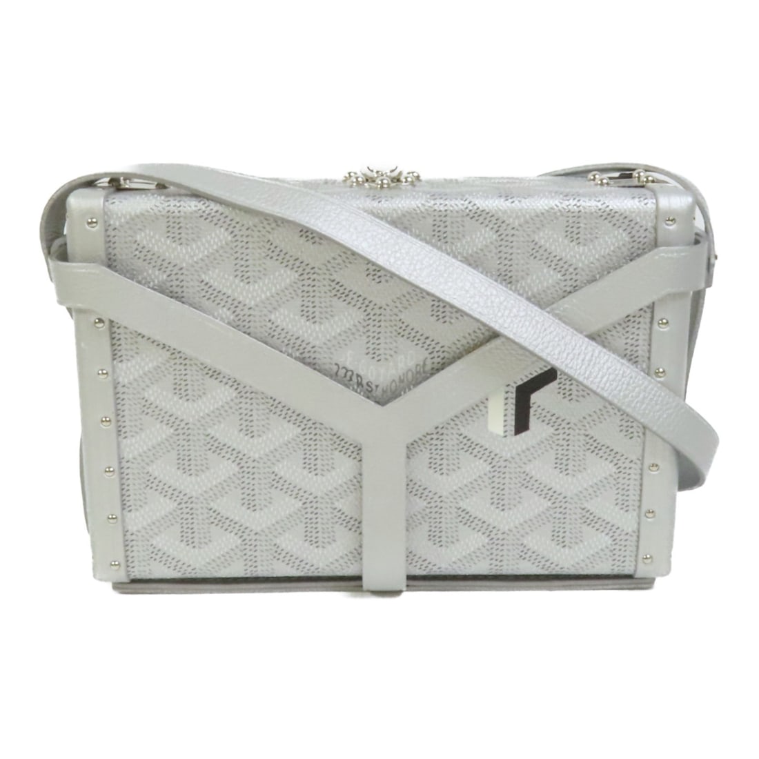 Goyard Minaudiere Trunk Silver Coated Canvas Shoulder Bag: Goyard Minaudiere Trunk Silver Coated Canvas Shoulder Bag This Goyard Minaudiere Trunk shoulder bag features a silver PVC coated canvas exterior with a structured design. Crafted in France, it offers 