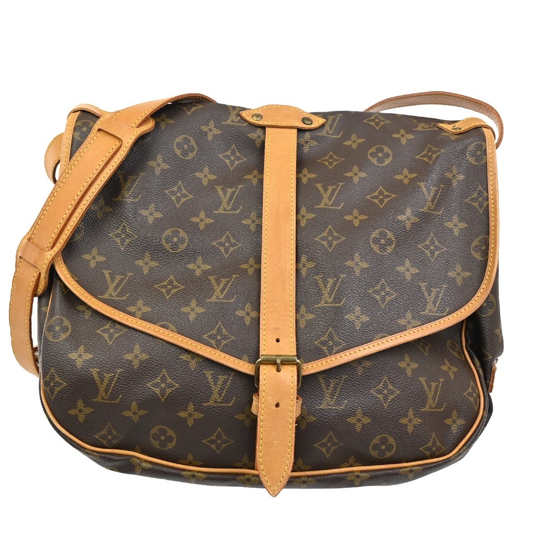Monogram Canvas Saumur Shoulder Bag by Louis Vuitton: Monogram Canvas Saumur Shoulder Bag by Louis Vuitton The Louis Vuitton Saumur Handbag features the iconic Monogram canvas in brown, designed for women. This pre-owned piece displays noticeable signs o