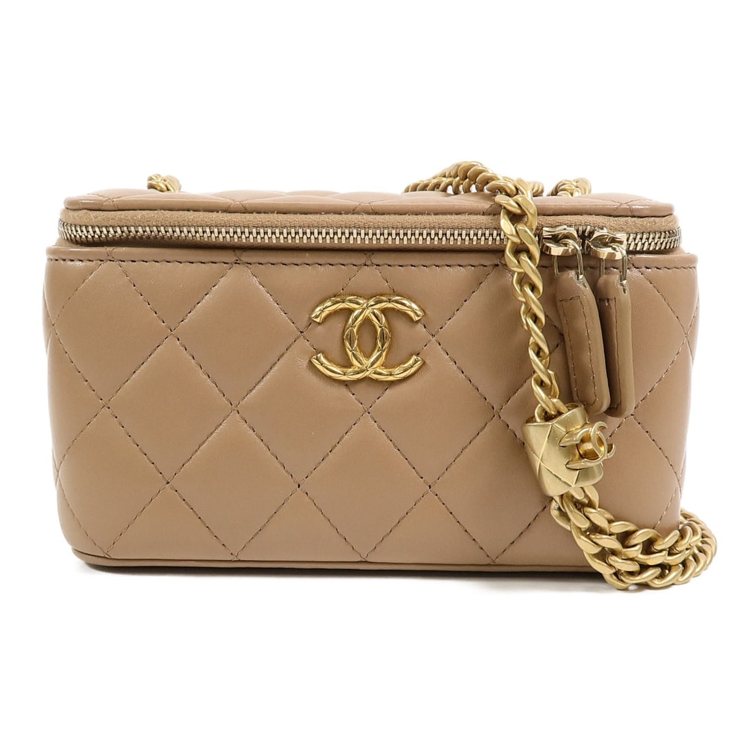 CHANEL Vanity Case AP3044 Brown Lambskin Shoulder Bag: CHANEL Vanity Case AP3044 Brown Lambskin Shoulder Bag This CHANEL CC vanity case chain shoulder bag features luxurious brown lambskin leather and gold-tone hardware. Designed as a compact shoulder bag