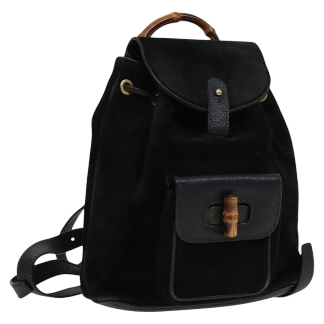 Gucci Bamboo Black Suede Backpack 22cm x 23cm x 7cm Italy: Gucci Bamboo Black Suede Backpack 22cm x 23cm x 7cm Italy This Gucci bamboo backpack is crafted from black suede and designed specifically for women. It features a bamboo handle and classic styling. T
