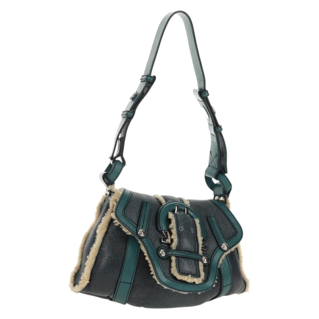 Salvatore Ferragamo Gancini Wool Shoulder Bag Blue Green Silver with Dust Bag: Salvatore Ferragamo Gancini Wool Shoulder Bag Blue Green Silver with Dust Bag This Salvatore Ferragamo Gancini shoulder bag features a stylish combination of blue, green, and silver wool. The bag is c