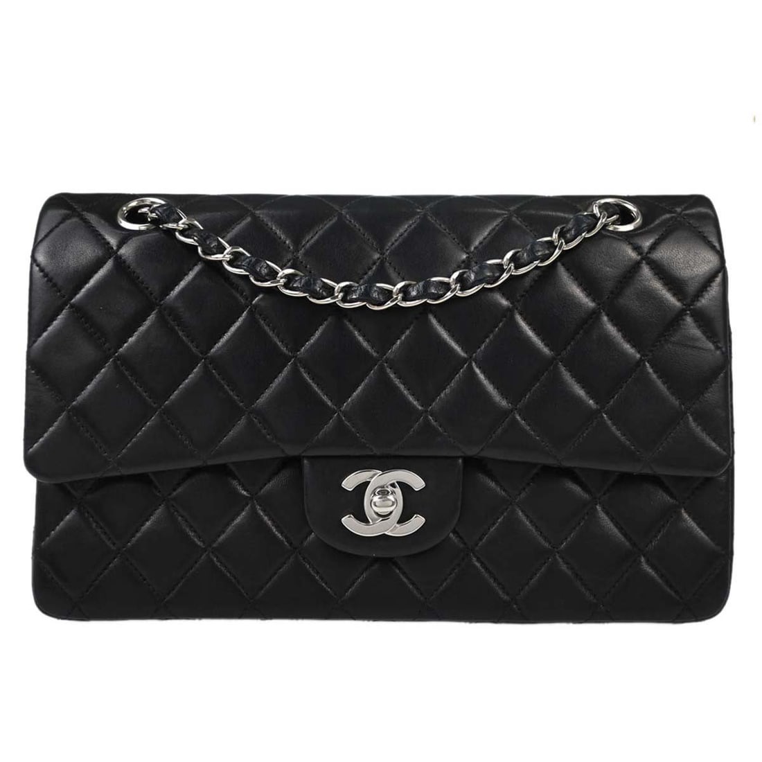 CHANEL Classic Flap Black Lambskin Medium Shoulder Bag: CHANEL Classic Flap Black Lambskin Medium Shoulder Bag This Chanel Medium Classic Double Flap Shoulder Bag is crafted from luxurious black lambskin leather and features a turn lock closure. Designed f