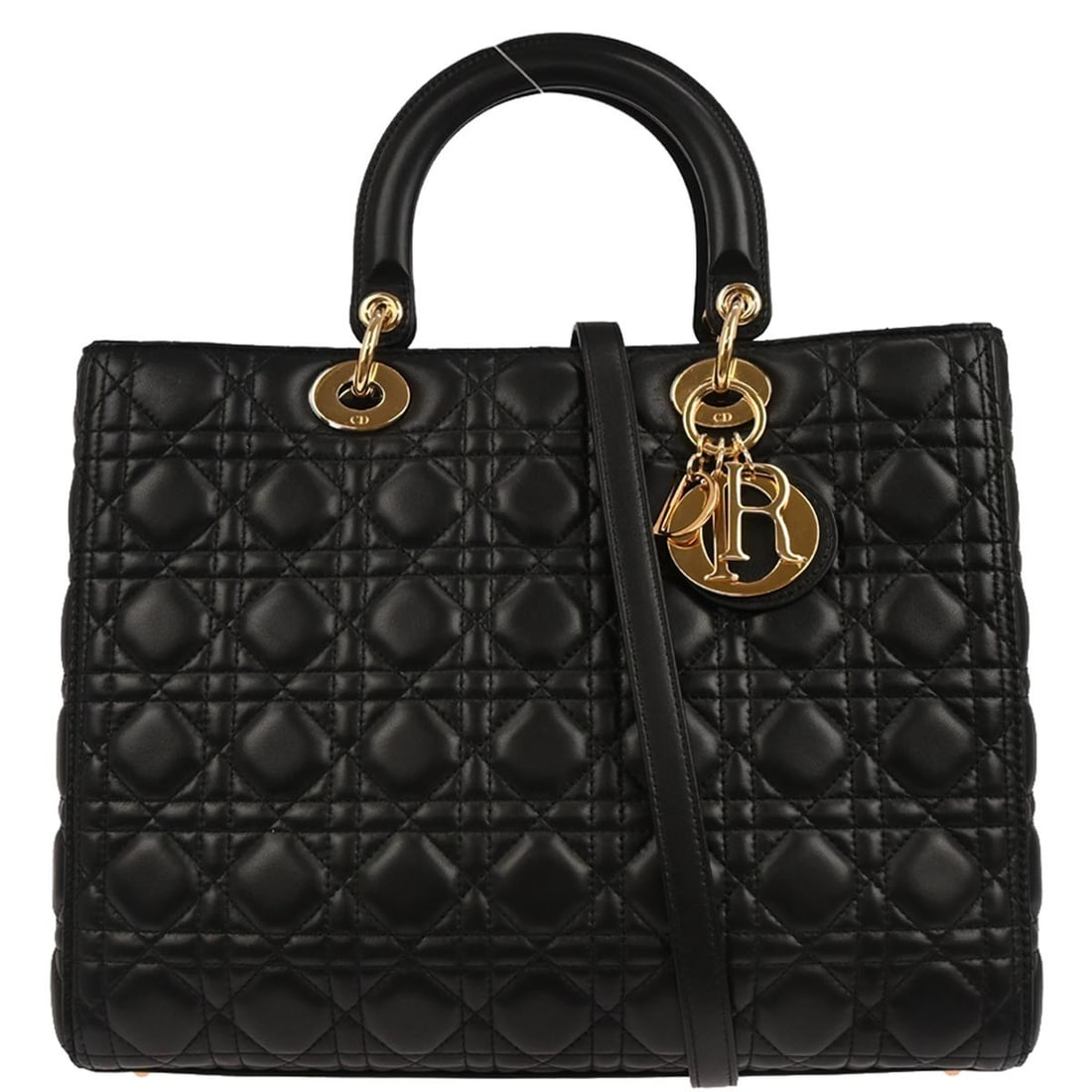 Lady Dior Large Black Quilted Lambskin Satchel Two-Way Top Handle Bag: Lady Dior Large Black Quilted Lambskin Satchel Two-Way Top Handle Bag This Lady Dior handbag features black lambskin leather with the iconic Dior Cannage quilting. Designed as a large satchel or top h