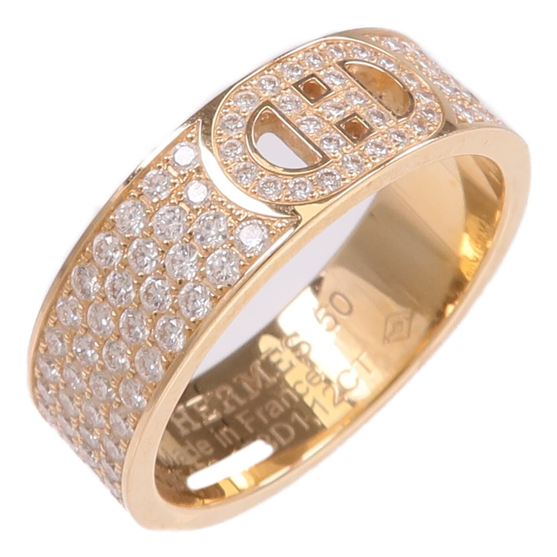 Hermes H d'ancre Diamond Ring 18K Pink Gold Size 5.25: Hermes H d'ancre Diamond Ring 18K Pink Gold Size 5.25 This Hermes H d'ancre ring features an elegant design crafted from 18K pink (rose) gold and is adorned with a clear diamond as the main stone. Des