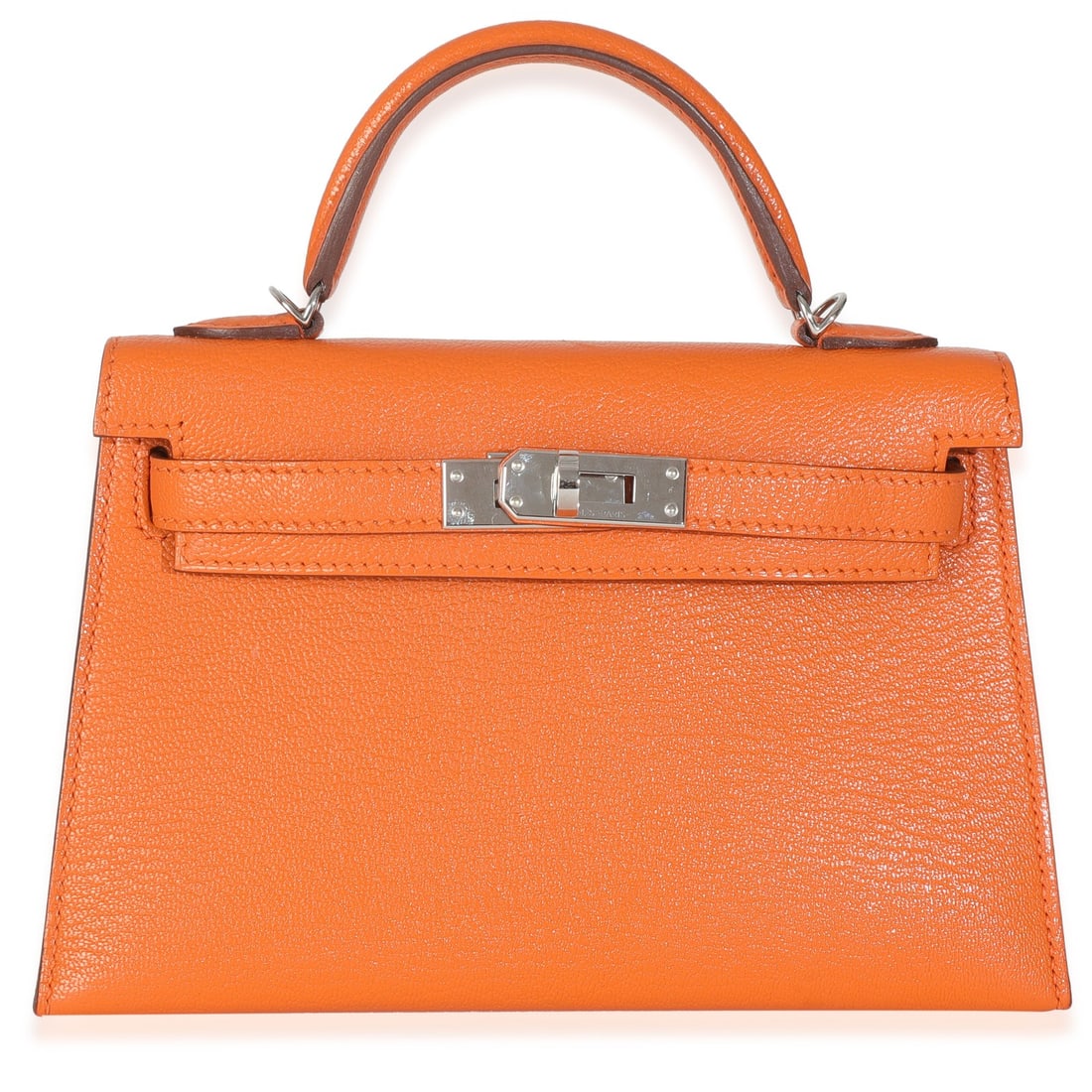 Hermes Mini Kelly 20 II Orange Leather Shoulder Bag 20: Hermes Mini Kelly 20 II Orange Leather Shoulder Bag 20 This Hermes Mini Kelly 20 II is crafted from orange leather with a Terre Battue brown leather interior. The bag features a turnlock closure, silv