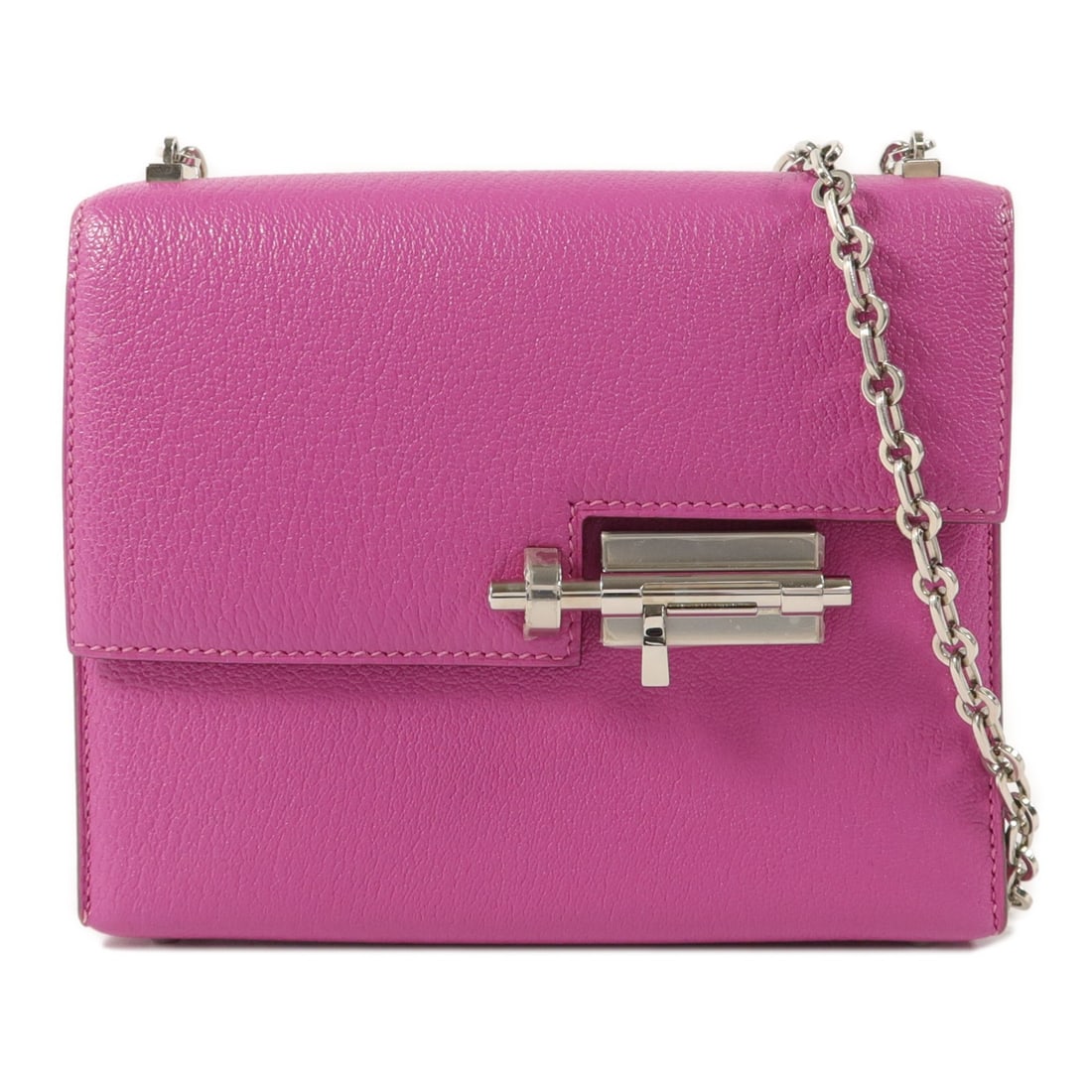 Hermes Verrou Mini Chain Shoulder Bag Pink Chevre Leather: Hermes Verrou Mini Chain Shoulder Bag Pink Chevre Leather This Hermes Verrou Mini chain shoulder bag features luxurious goatskin leather in a vibrant pink shade. Designed for women, it offers a compac