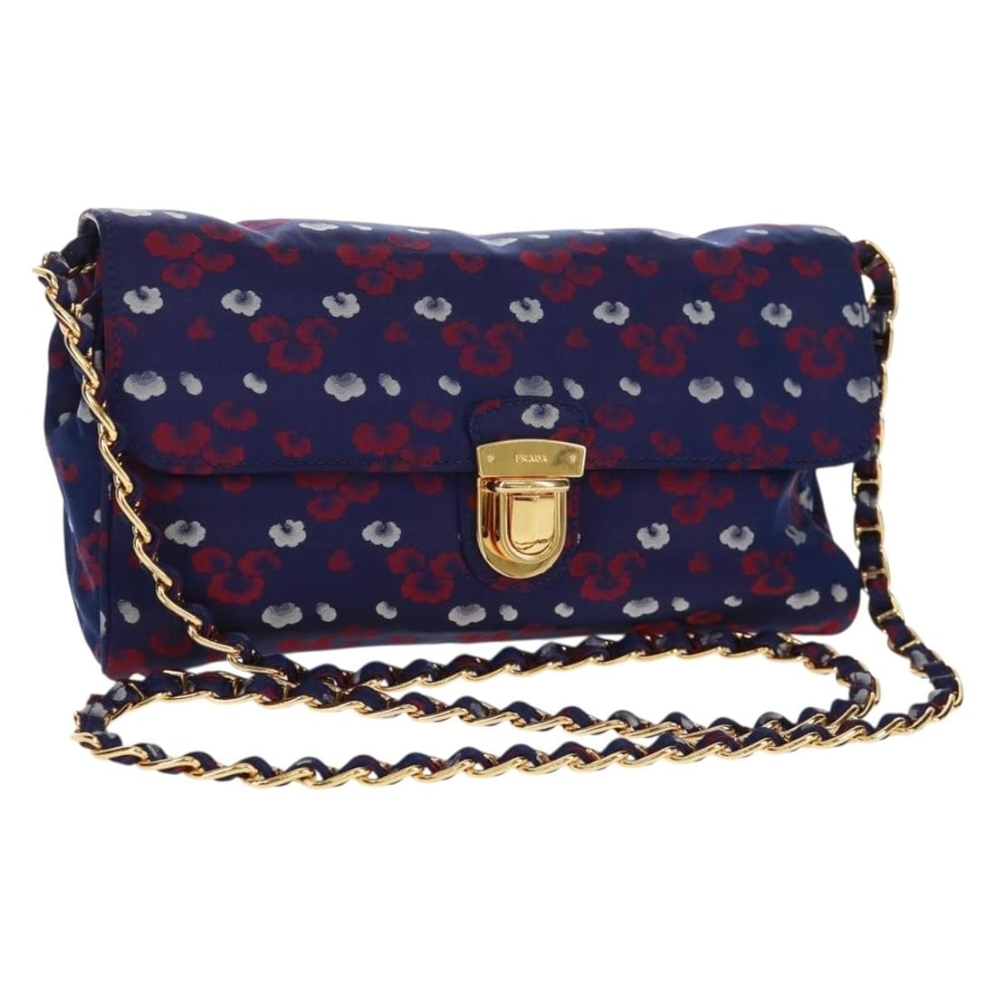 Prada Purple and Gold Satin Chain Shoulder Bag with Dust Bag: Prada Purple and Gold Satin Chain Shoulder Bag with Dust Bag This PRADA shoulder bag is crafted from purple and gold satin and features a chain strap for a stylish touch. The bag measures approximatel