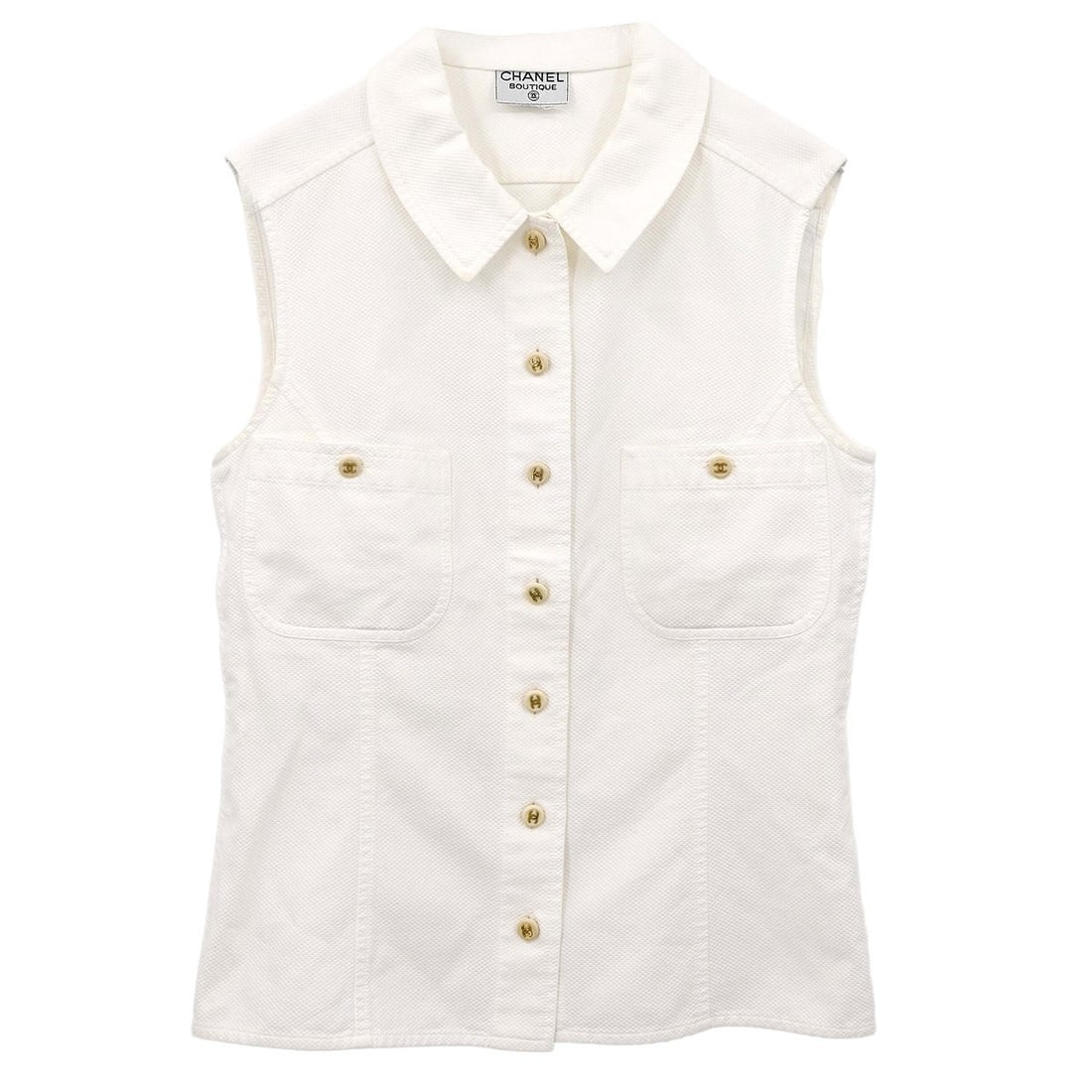 CHANEL White Cotton Sleeveless Collared Logo Top: CHANEL White Cotton Sleeveless Collared Logo Top This Chanel sleeveless vest top features a classic collared neckline and is crafted from 100% cotton in white. Designed for a regular fit, it is accent