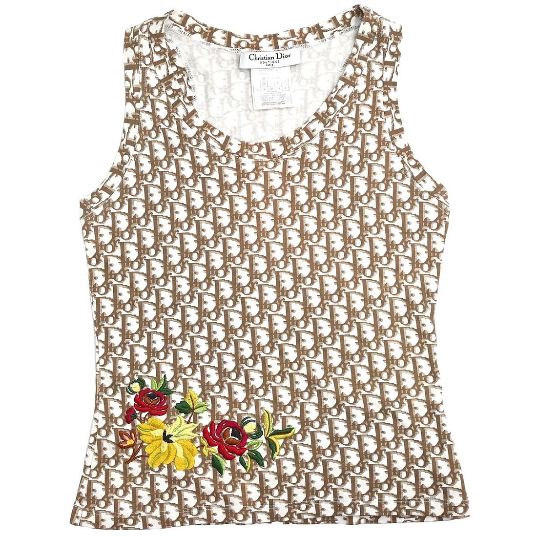 Dior Trotter Brown Cotton Sleeveless Women T Shirt FR 36: Dior Trotter Brown Cotton Sleeveless Women T Shirt FR 36 This Christian Dior tank top features the iconic Trotter pattern in a brown hue. Crafted from 100% cotton, it offers a comfortable, regular fit