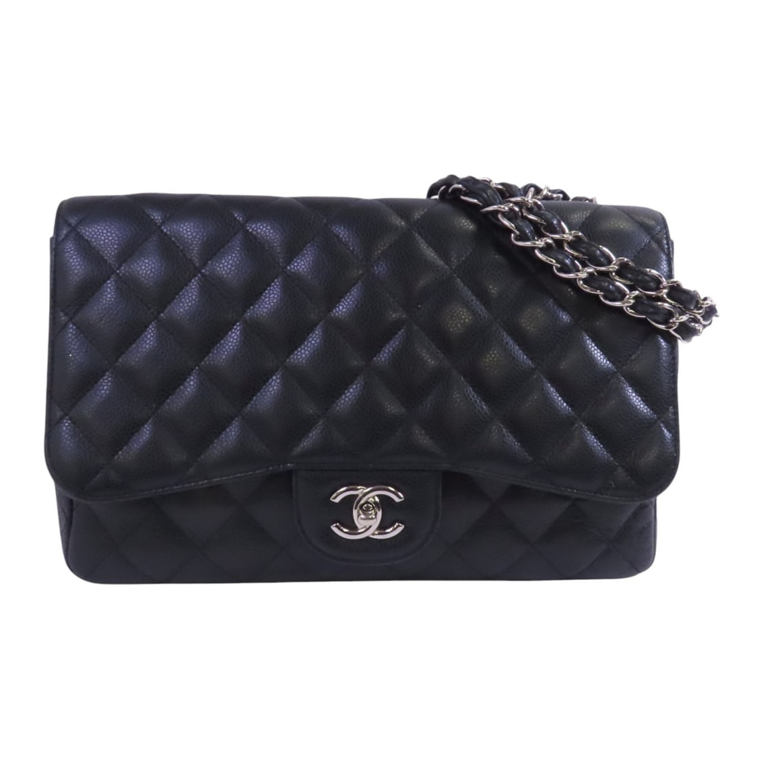Black Calfskin Large Classic Shoulder Bag by CHANEL A58600 with Silver Chain: Black Calfskin Large Classic Shoulder Bag by CHANEL A58600 with Silver Chain This is a CHANEL large classic chain shoulder bag crafted from black calfskin leather. The bag features a classic chain des
