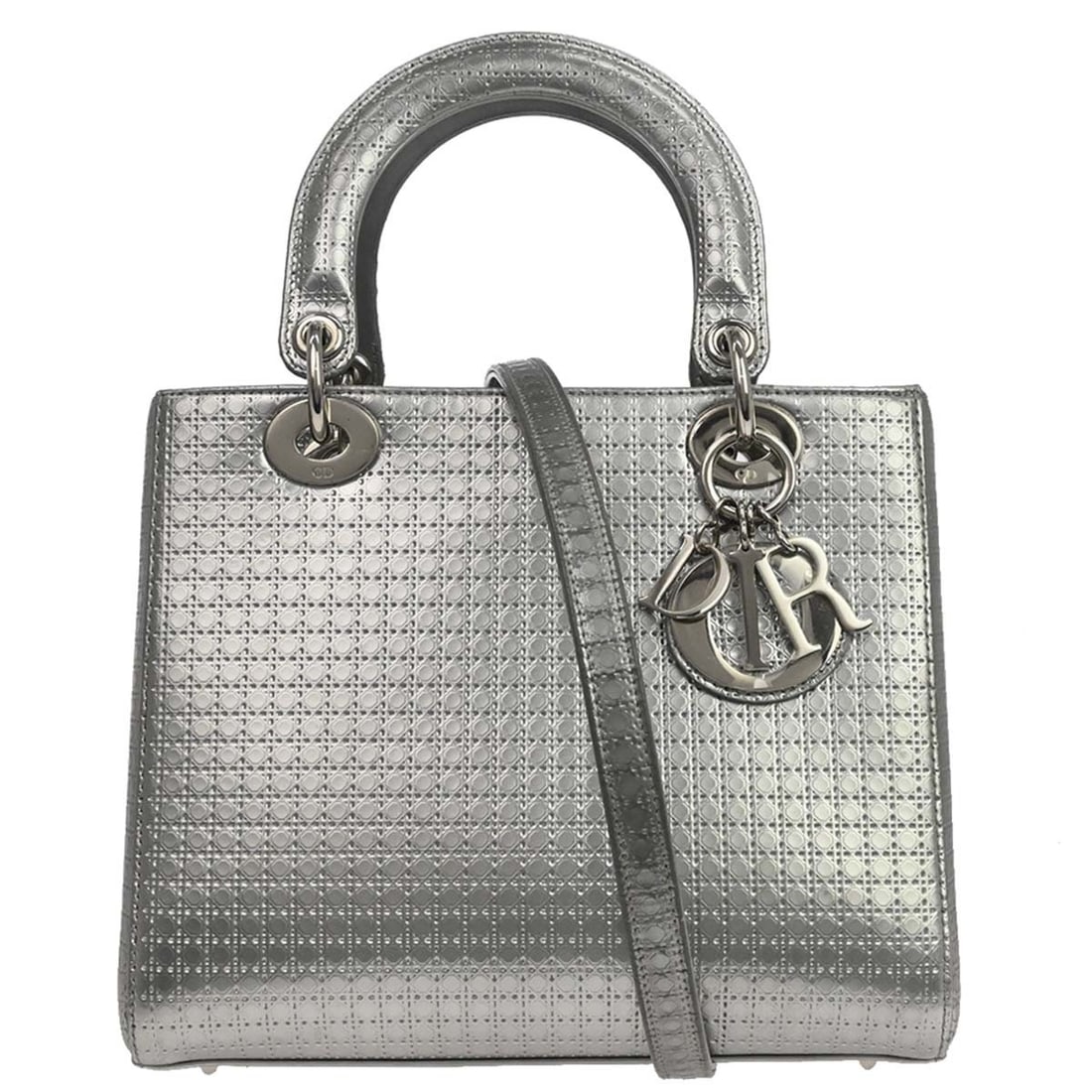 Dior Lady Dior silver leather cannage satchel handbag: Dior Lady Dior silver leather cannage satchel handbag This Christian Dior Lady Dior Cannage handbag features a silver quilted leather exterior with double handles and a zipper closure. The medium-size